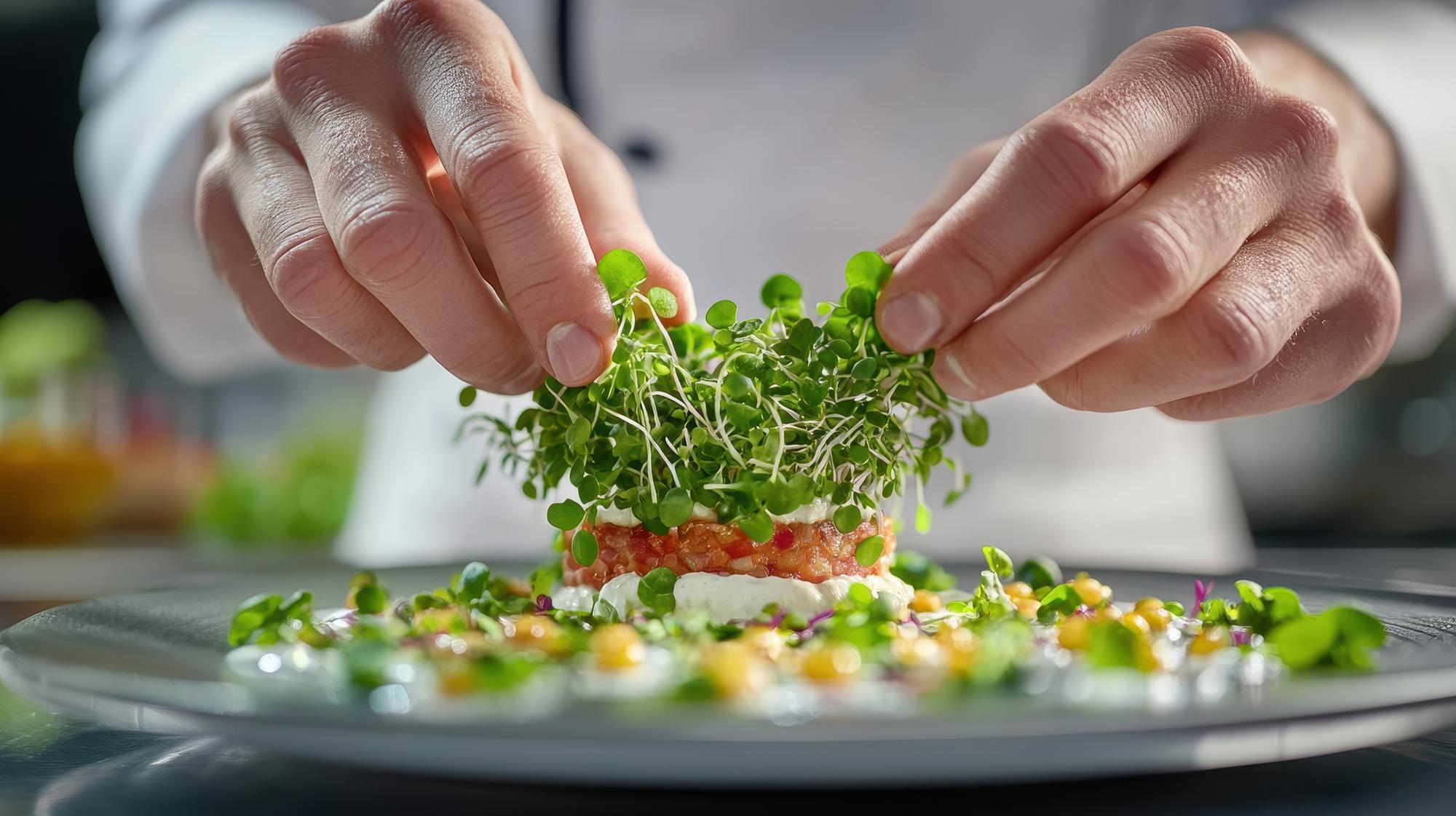 Chef plating seasonal salad with microgreens